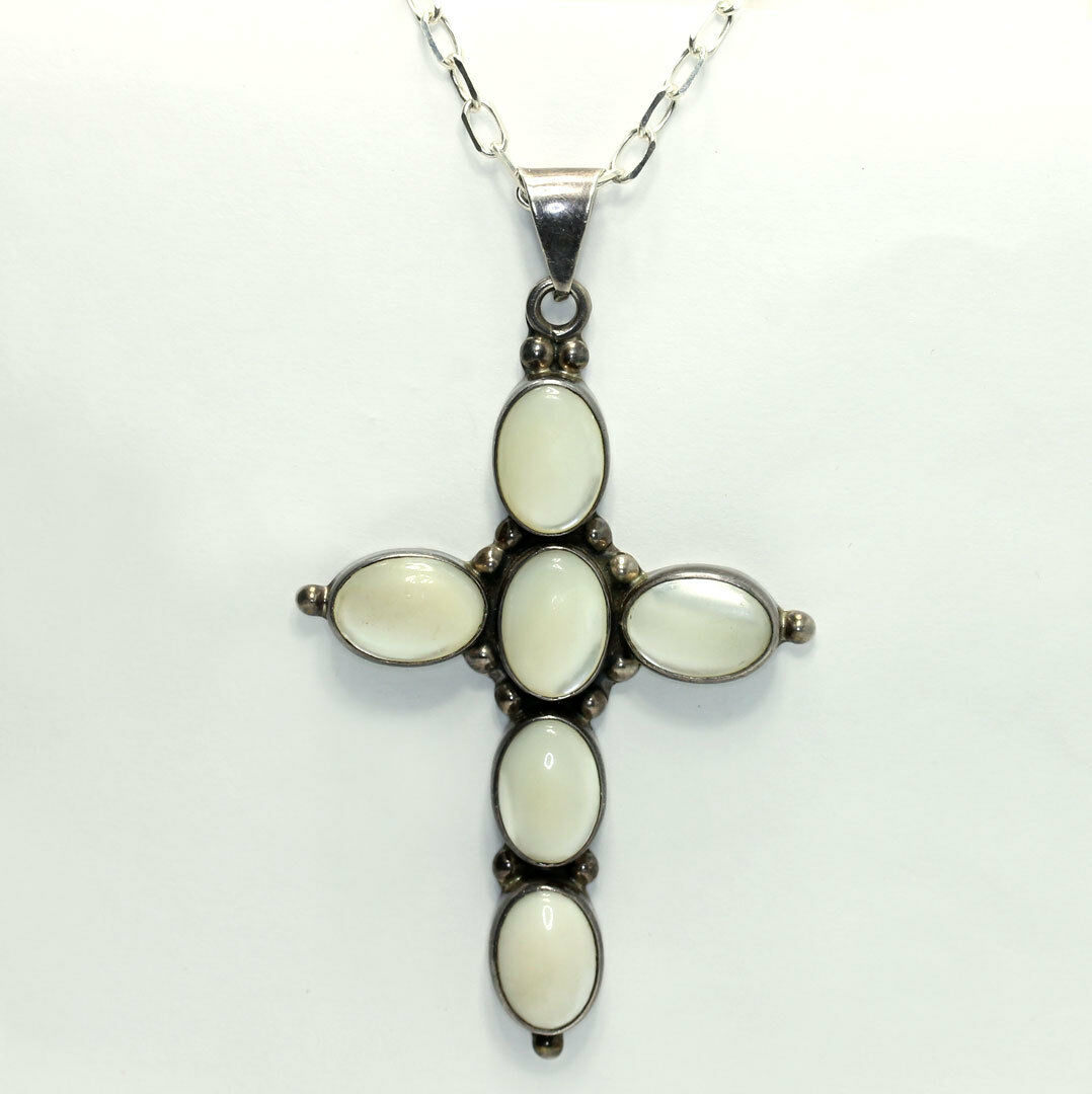 Vintage Sterling Silver Mother Pearl Cross Oval Link Chain Necklace ATI Mexico
