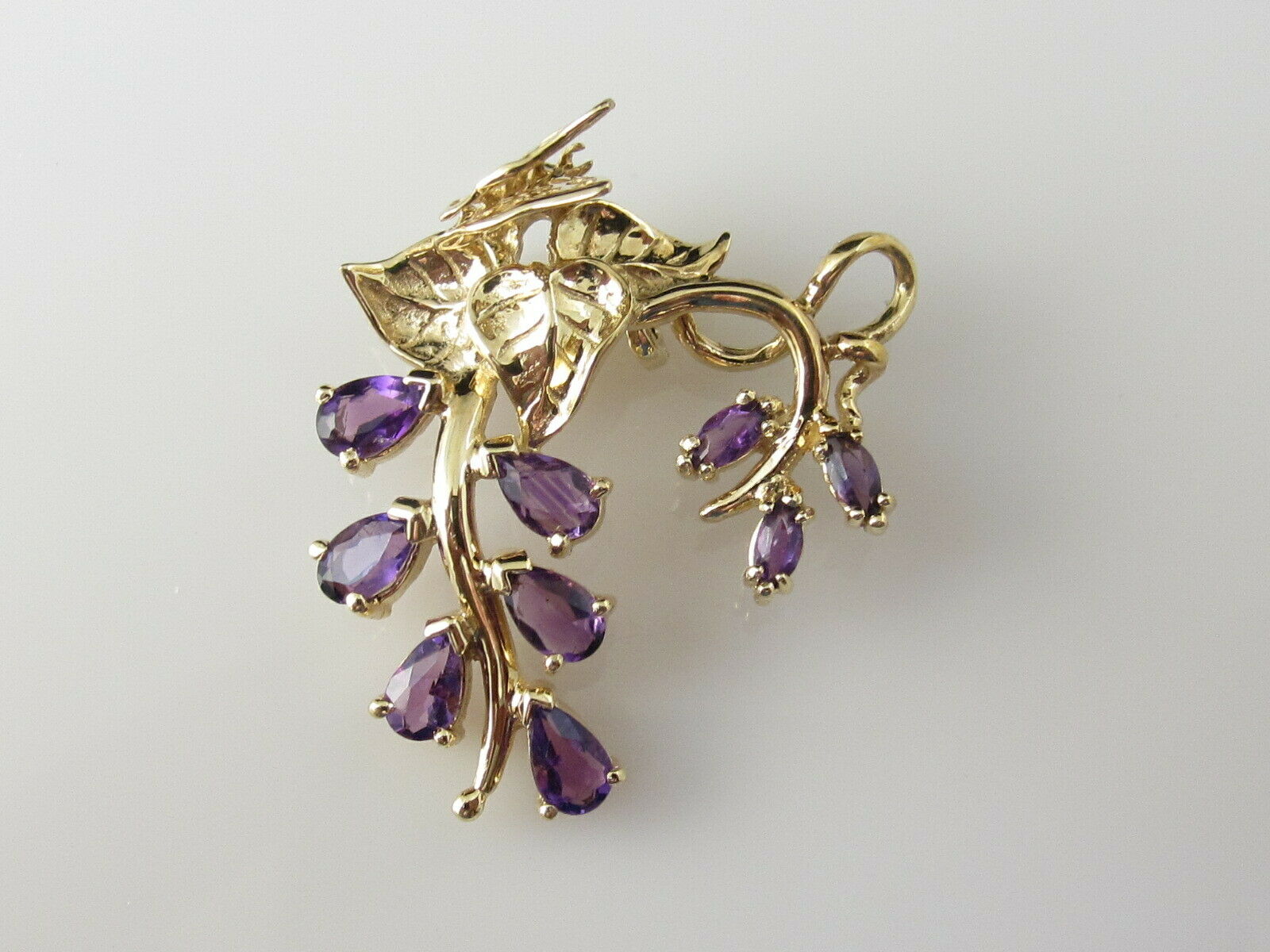 Amethyst Pendant Grapes Leaves Butterfly 14K Yellow Gold Amethyst Fine Jewelry